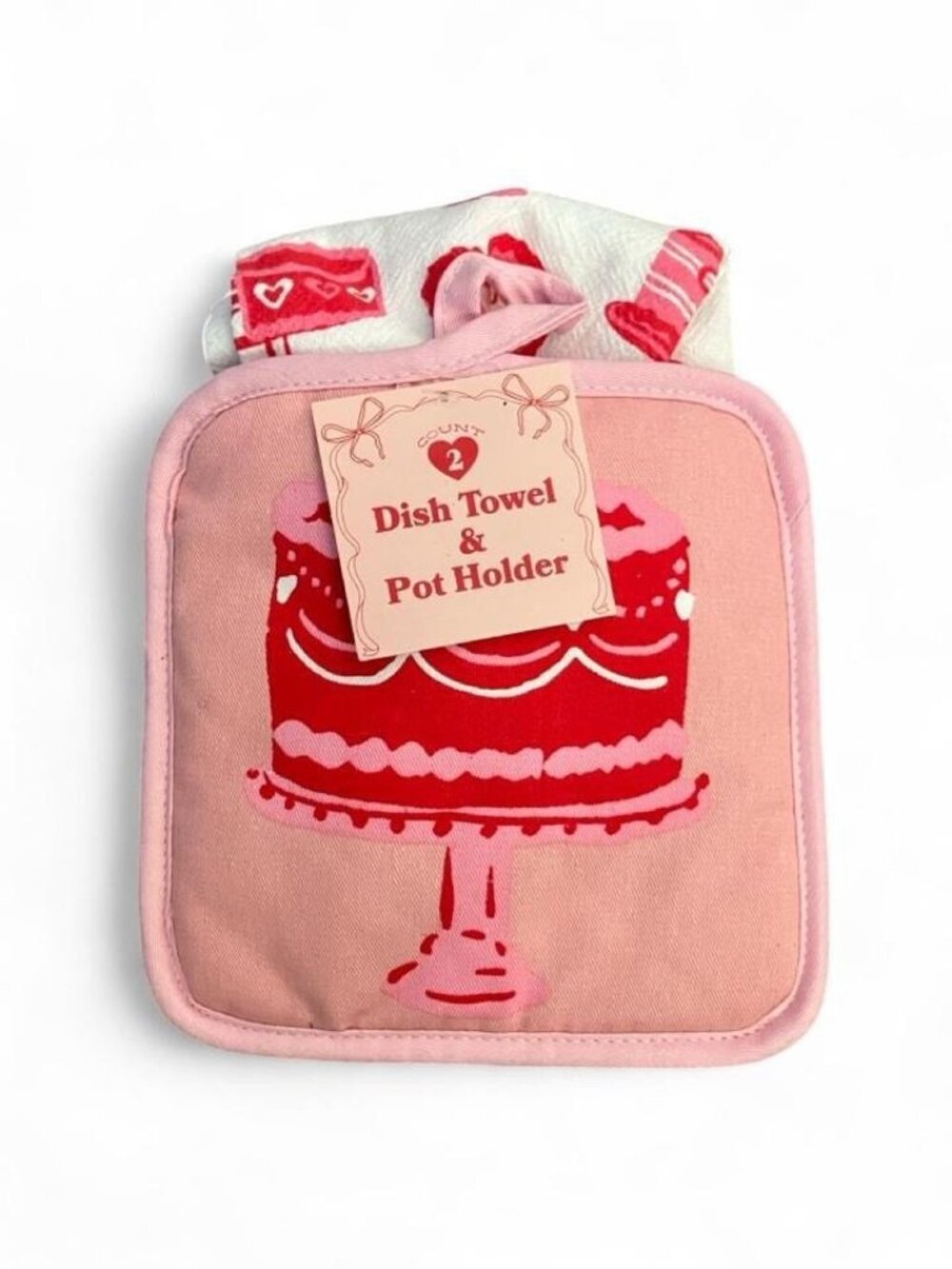 2pc Cotton Dish Towel & Pot Holder Set Cake Pink Red White Valentines Baking
